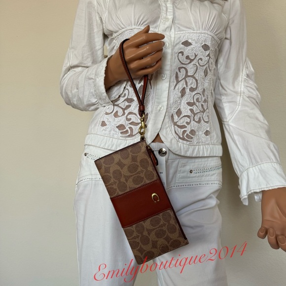 NWT Coach CC965 Double Zip In Signature Canvas Tan Rust Clutch Wallet Wristlet - Picture 5 of 8